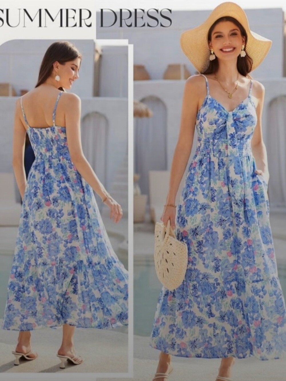 Women’s Blue White & Pink Floral Summer Maxi Dress - Lightweight Spaghetti Strap